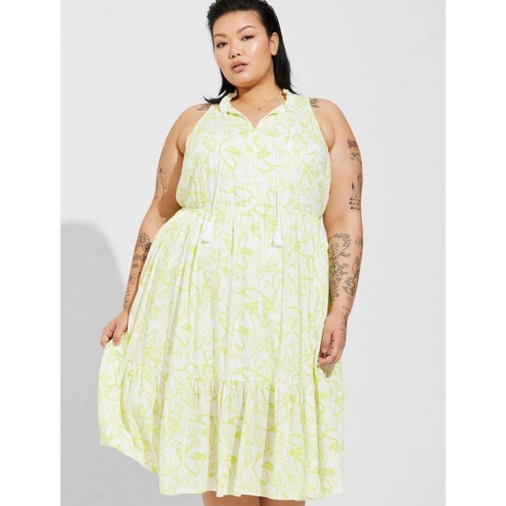 Torrid Women's Yellow Floral Sleeveless Midi Wash Gauze Tiered Dress